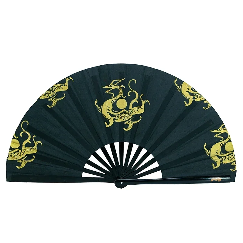 Kun Master 34 Cm Bamboo Chinese Kung Fu Tai Chi Fan With Dragon And Chinese Word Design Black