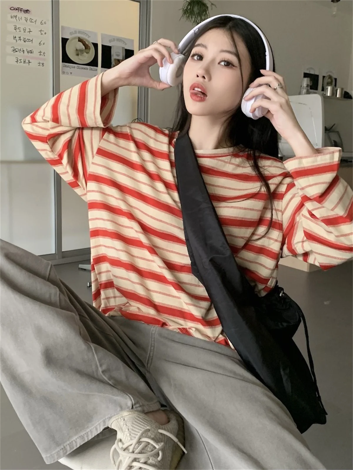 Mode Frühjahr Gestreiften T Shirts Für Frauen Kawaii Sommer Lange Hülse O-ansatz Hemd Koreanische Damen Fleece Übergroßen Coole Tops T-shirt – Detail 11