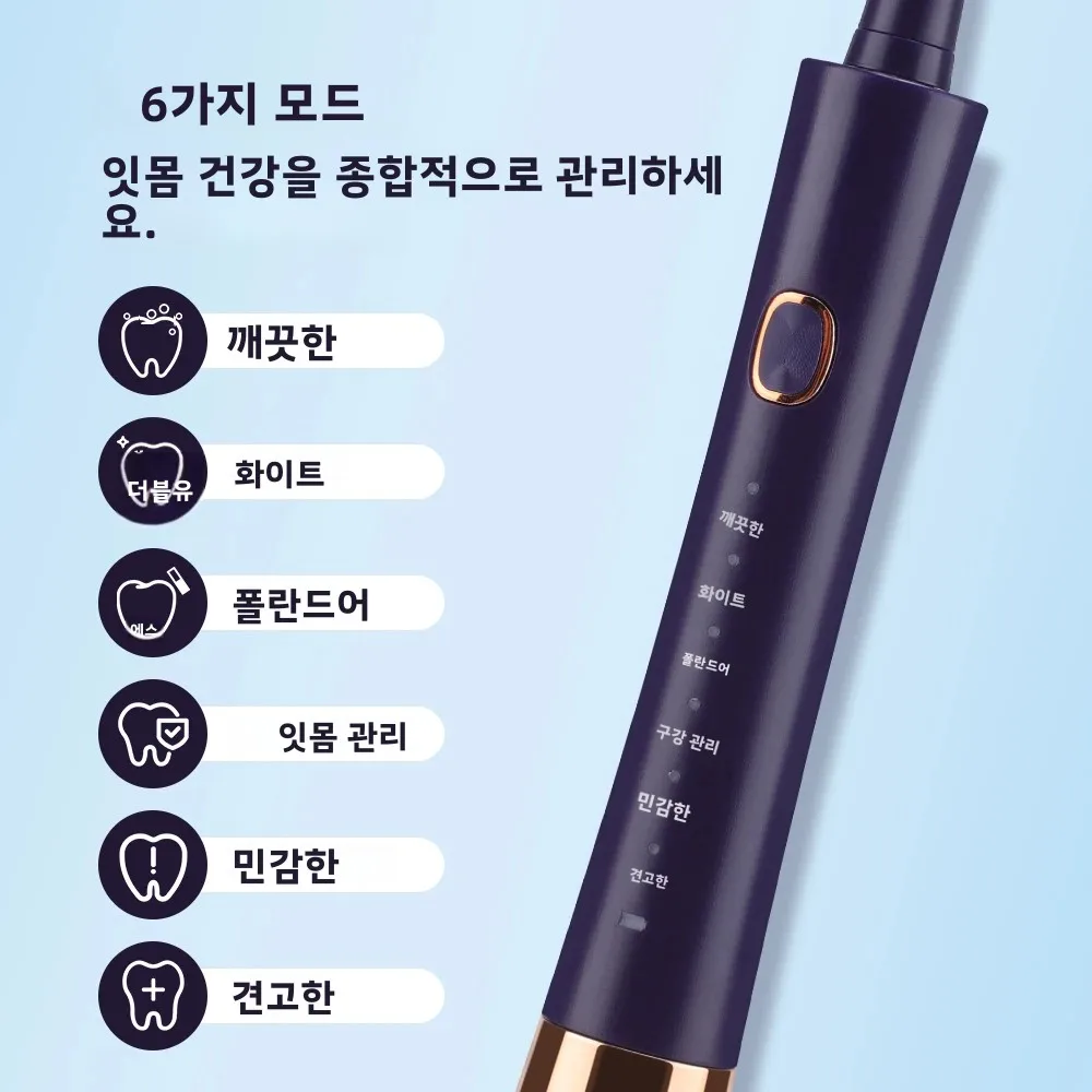 성인 남녀 공용 전동 칫솔 6가지 모드 음파 전동 칫솔 4개의 칫솔모 IPX7 방수 음향 전동 USB