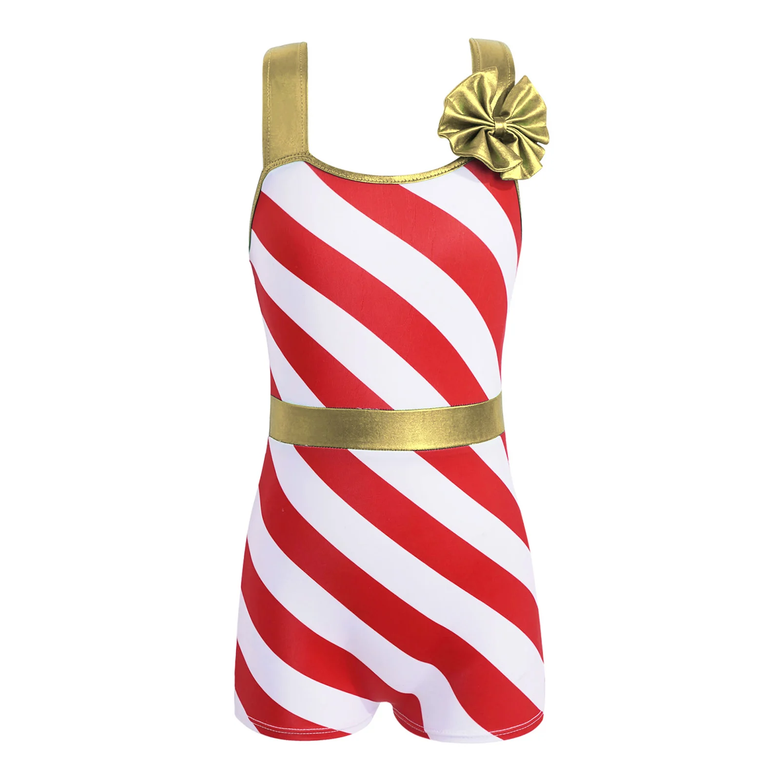 

Kids Girls Christmas Xmas Candy Cane Costume Stripes Print High Waist Gymnastics Leotard Short Jumpsuit for Ballet Dancing