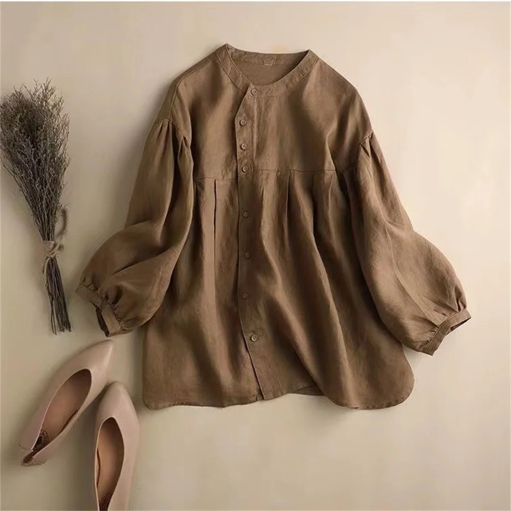 Shirts Women Summer Soft Elegant Leisure All-match Korean Fashion  Solid Retro Popular Basic Design New Cotton Linen Women Tops