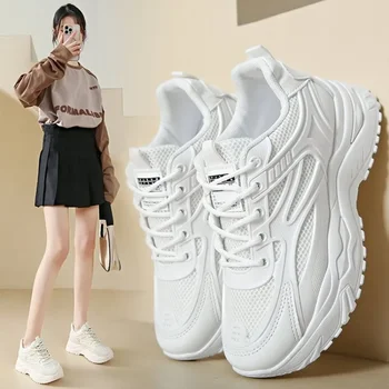 Baskets épaisses en cuir blanc pour femmes, chaussures de sport, optique, tennis, chaussures canisées, panier, plate-forme, nouveau, 2024