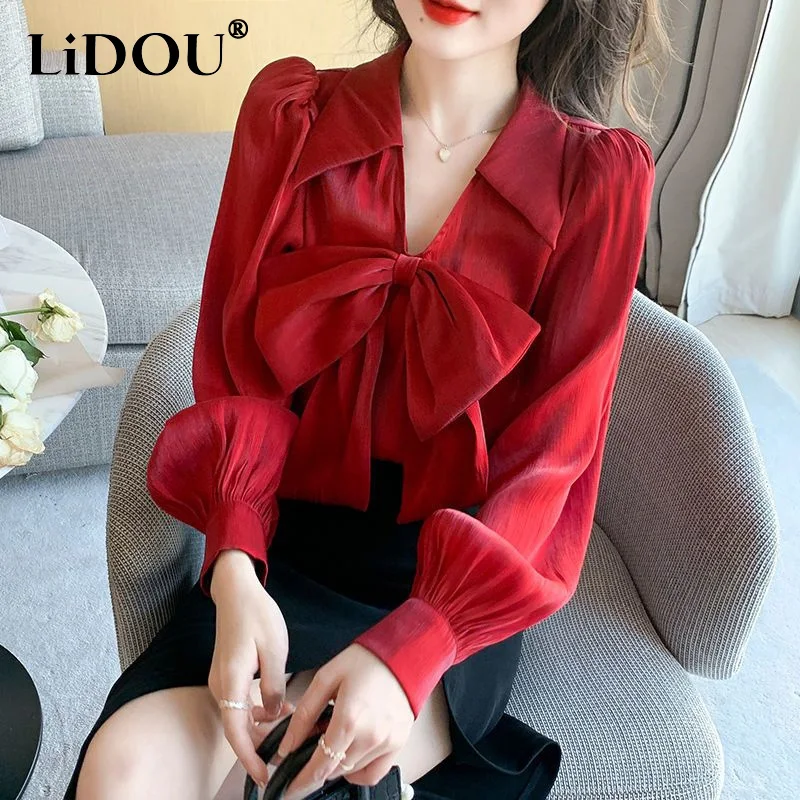 Spring Autumn Bow Long Sleeve Blouse Women V-neck Fashion Elegant Lantern Sleeve Shirt Ladies Solid Color Bright Silk Pullovers new fashion women braided bright colors belts circular gold buckle ladies waist ornament no holes all matching accesorios de