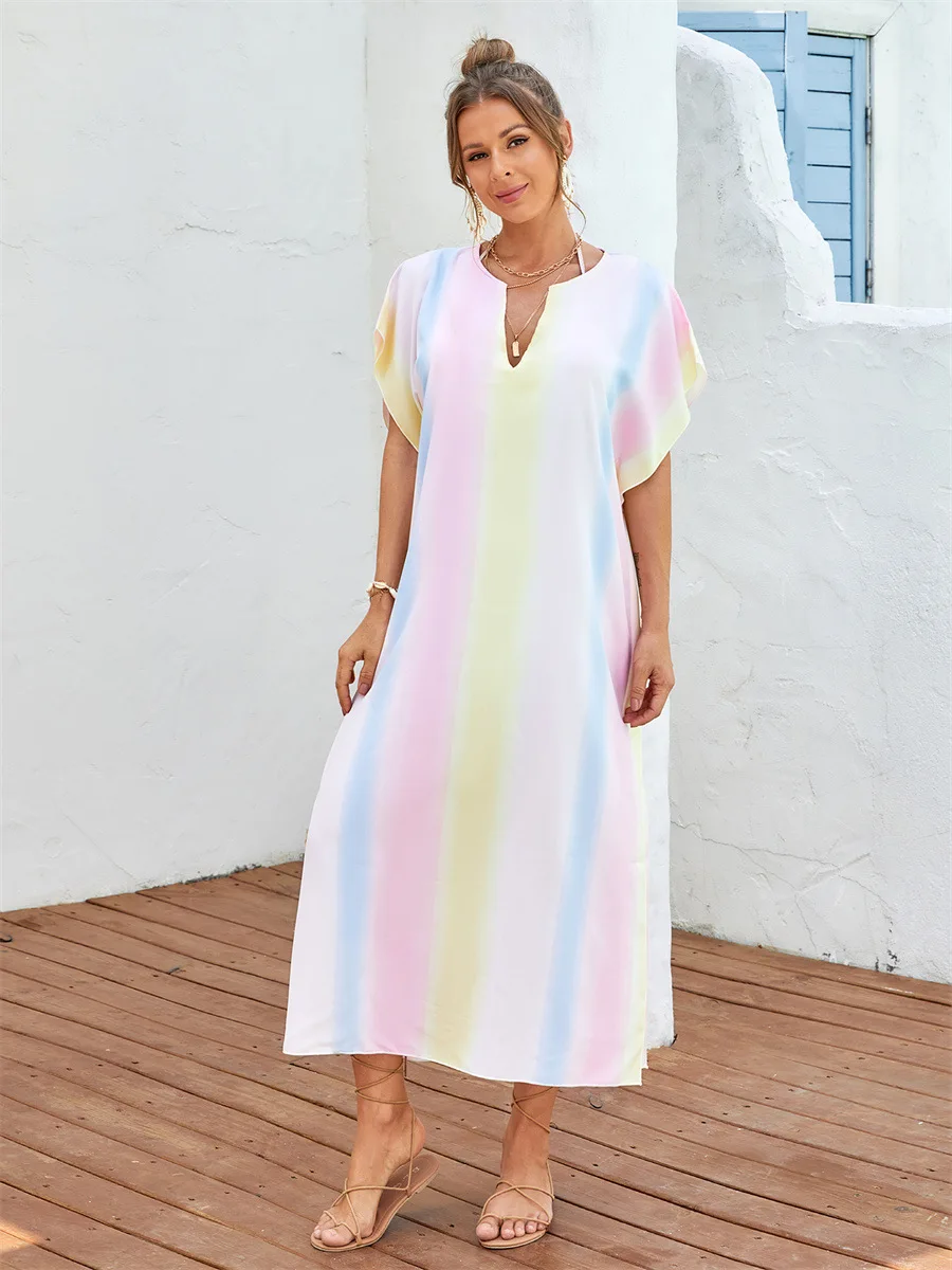 Women's Beach Vacation Long Dress Short Sleeve Casual Chic Robe Summer Casual Style Beach Cover Up Pullover Robe