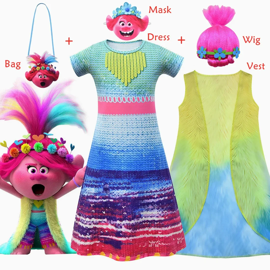 Hot Trolls 2 Cosplay Costume Di Halloween New Kids Girls Anime Dress Carnival Funny Party Clothing Con Gilet Parrucca Maschera Borsa Per Ragazza