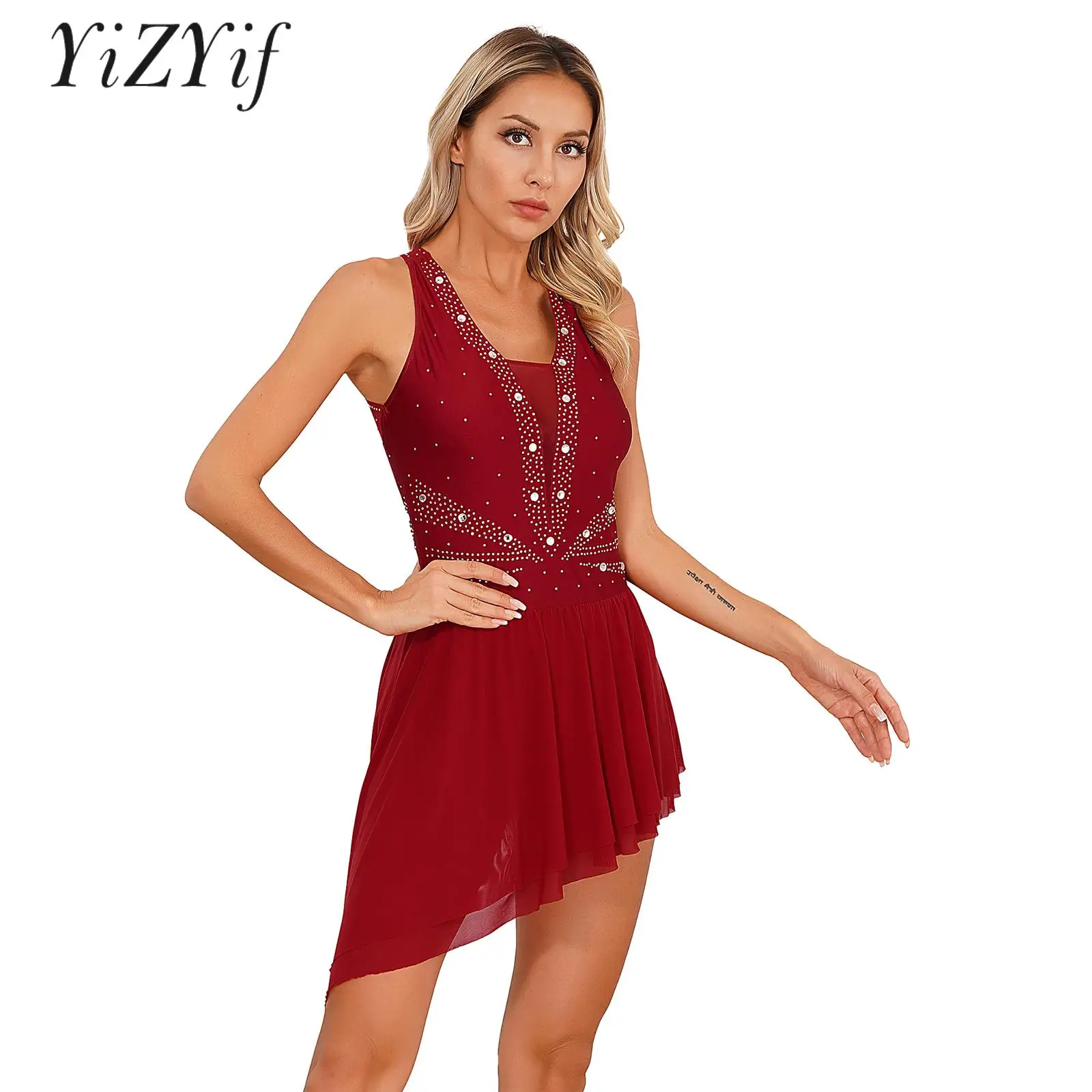 

Womens Figure Skating Dress Sleeveless Cross Back Asymmetrical Hem Glitter Rhinestone Ballet Dance Dress Performance Costume
