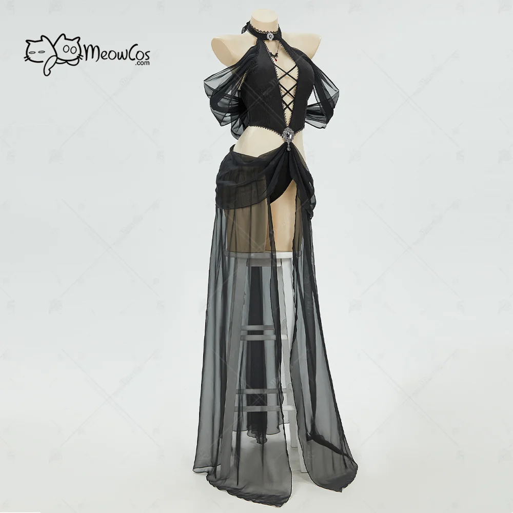 MEOWCOS Women's Gothic Elf Style Cosplay Costume Elf Lingerie Black Bodysuit with Sleeves and Necklace for Halloween Gift
