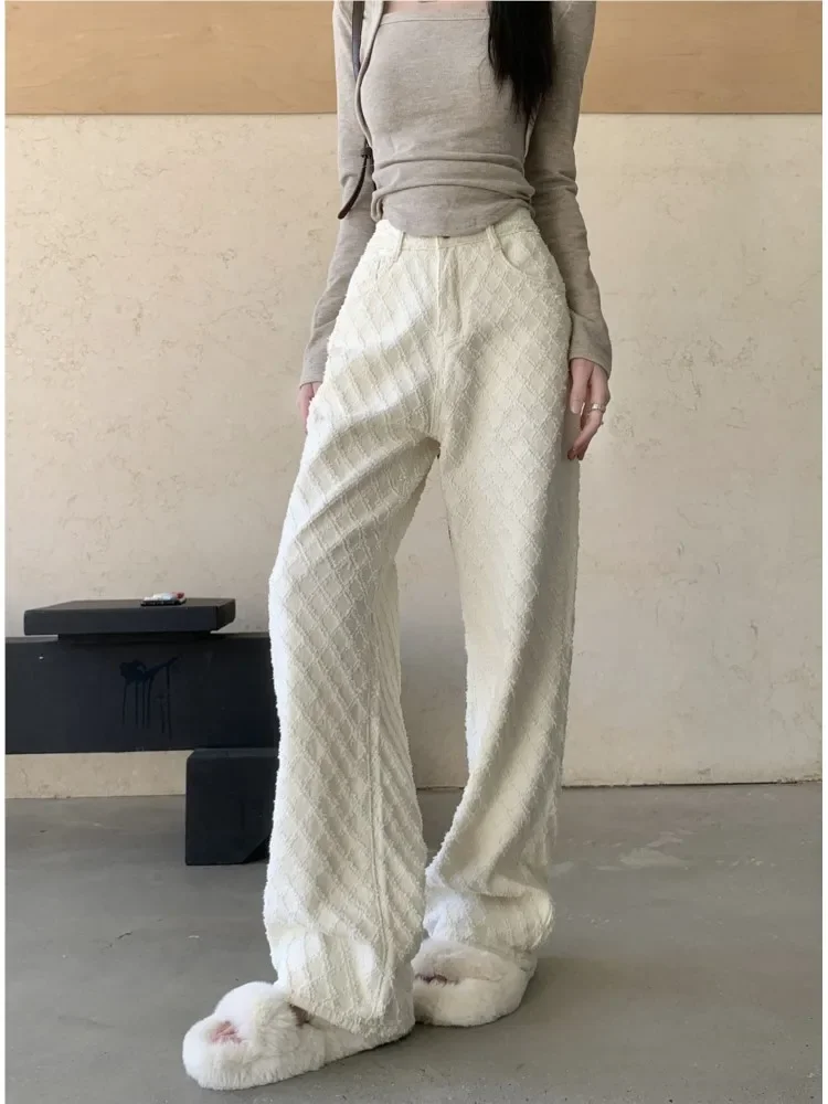 

Jeans High Waist Spring Wide Leg Pant Women Loose Pleated Korean Modis Fringe Patchwork Plaid Ladies Trousers Casual Woman Pants