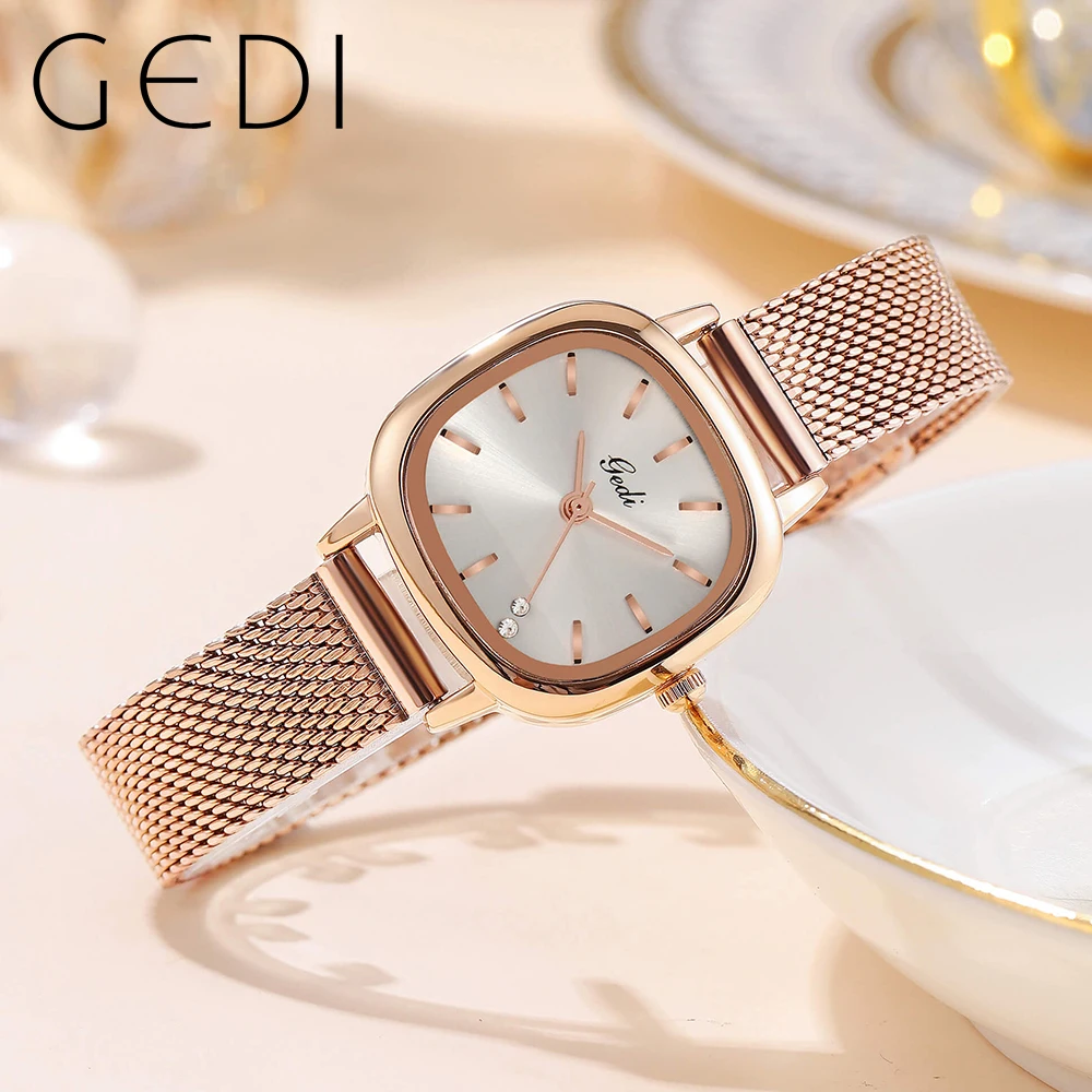 

GEDI Luxury Rose Gold Stainless Steel Milanese Strap Waterproof Ladies Square Watches Elegant Fashion Women Quartz Wrist Watch