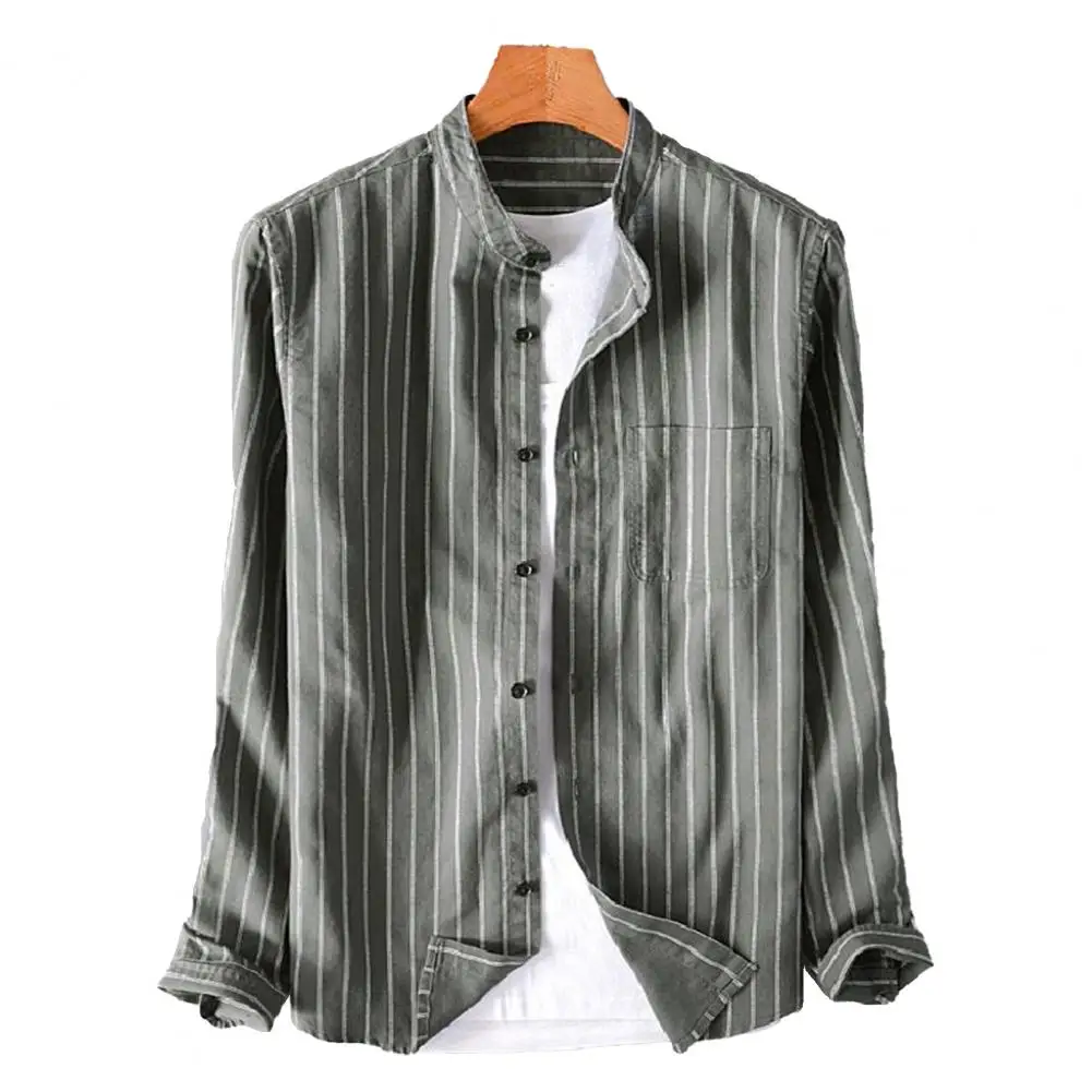 

Spring Autumn Men Stand Collar Shirt Tops Long Sleeve Patch Pocket Single-breasted Thin Men Blouse Tops Streetwear