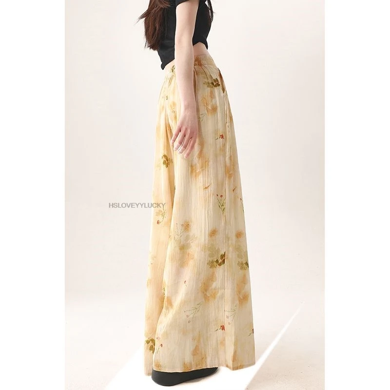 women's New Chinese Style Flower Print Wide Leg Casual Pants New Ice Silk Thin Straight Loose Pant Chiffon Oriental Pants