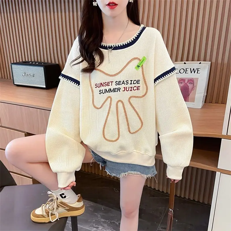 Women Korean Fashion Letter Embroidery Chic Sweet Kawaii Sweatshirts Casual Streetwear O Neck Long Sleeve Loose Pullover Tops