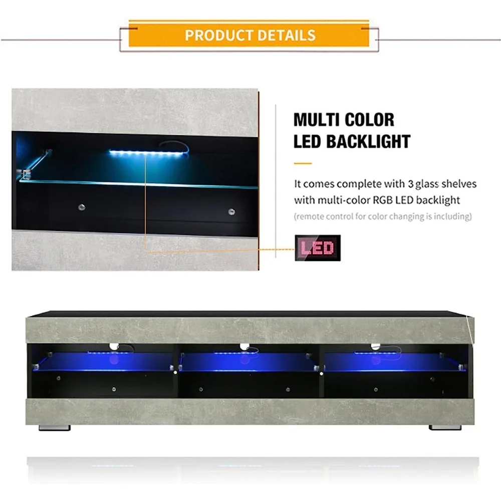 LED TV stand, gray black TV stand with LED lights, TV media console with glass frame 6