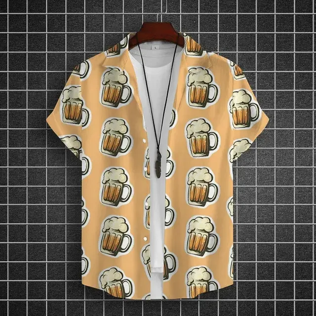 Hawaiian Shirt For Men 3d Beer Printed Short Sleeve Shirts Party Tees Summer Casual Tops Loose Oversized Clothing