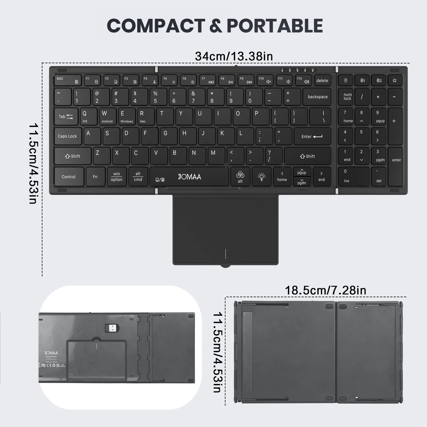 Jomaa Backlit Full Size Folding Keyboard Bluetooth+USB Wireless keyboard with Touchpad Numberic Pad for Laptop Windows