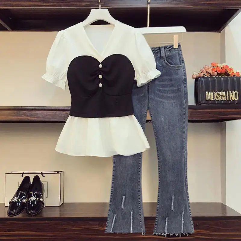 Large Women's Suit 2022 Summer Dress New Fat Sister Foreign Style Korean Fashion Slim Casual Jeans Two-piece Female Set