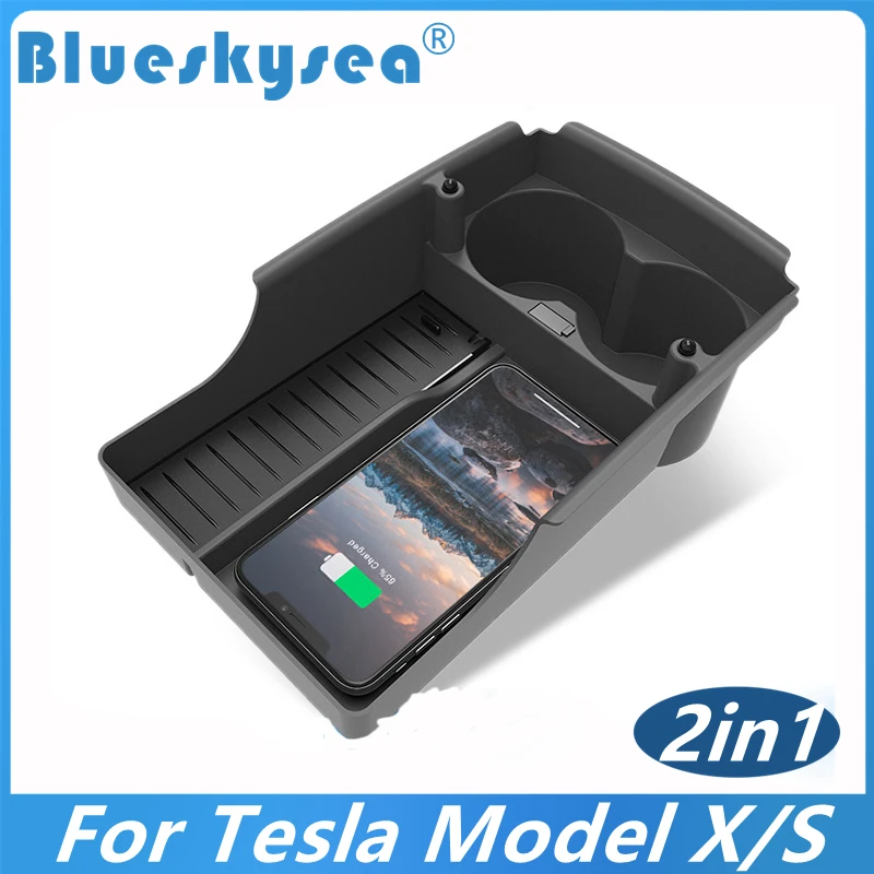 

2in1 Car Wirelss Charger + Water Cup Holder Storage Box Center For Tesla Model X Model S 2019 2018 2017 2016