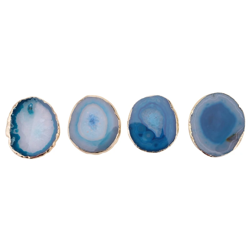 

4Pcs Agate Slice Blue Agate Coaster Teacup Tray Decorative Design Stone Coaster Gold Edges Home Decor Gemstone Coaster