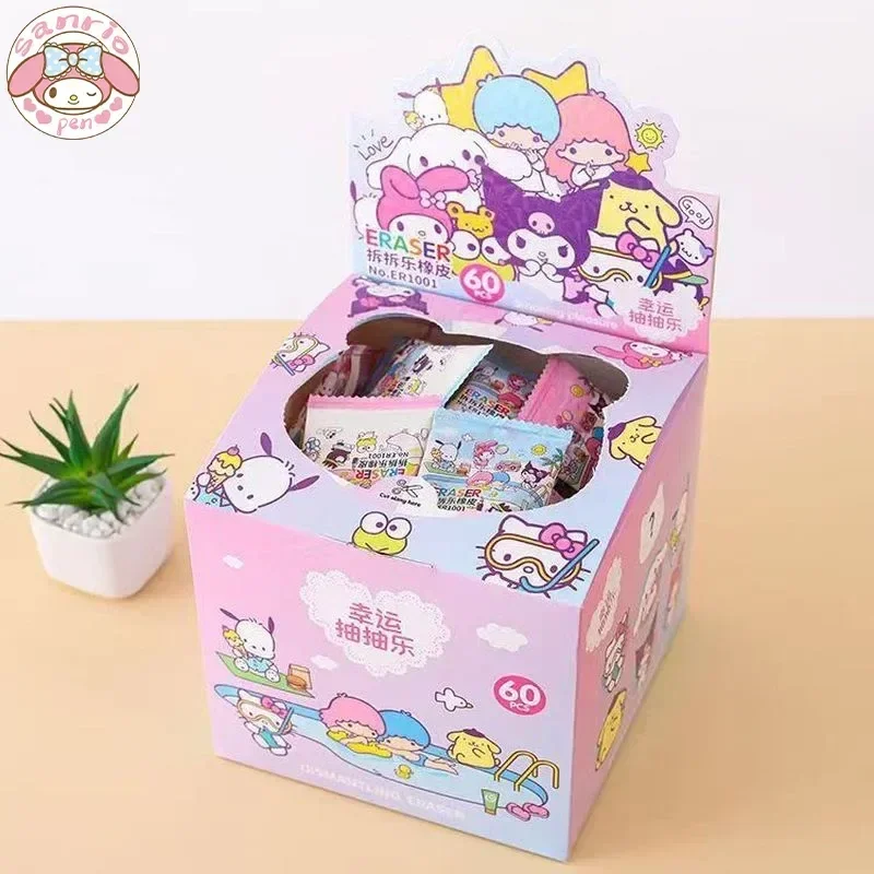 

New Sanrio 60pcs Eraser Kawaii Hello Kitty Kuromi Cinnamoroll Pumping Eraser Student Stationery Supplies Children's Gifts Toys