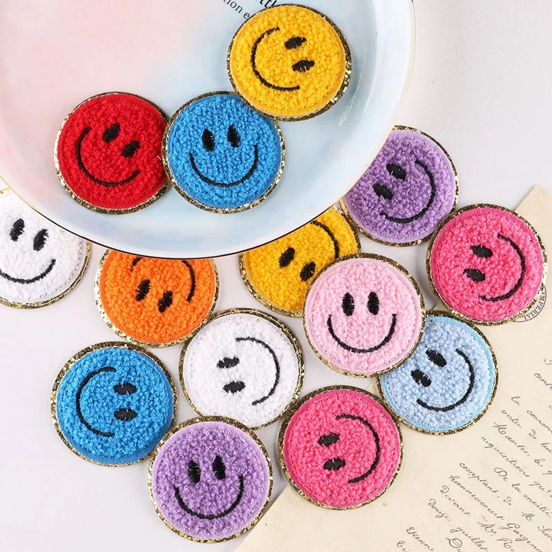 Embroidered Computer Towel Badge Clothing Accessories Gold Edged Smiley Face Patch Fabric Sticker Back Glue Repair Kit