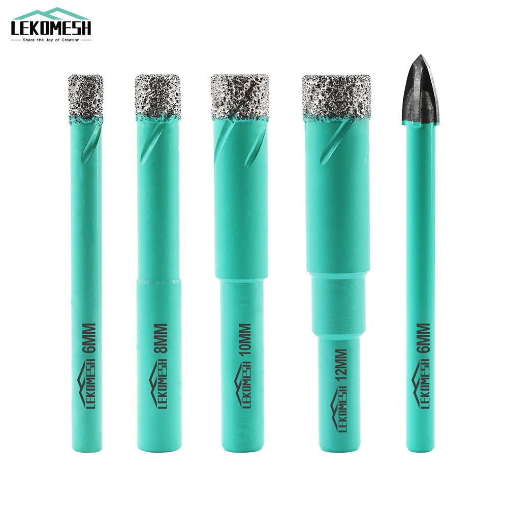 LEKOMESH 5pcs 6/8/10/12mm Diamond Dry Drilling Bits+6mm Positioning Hole Opener for Ceramic Porcelain Tile Marble Granite Stone kurstol diamond drill bits triangle shank 20mm 1 2pcs porcelain ceramic granite marble stone tile core drill bit hole saw opener