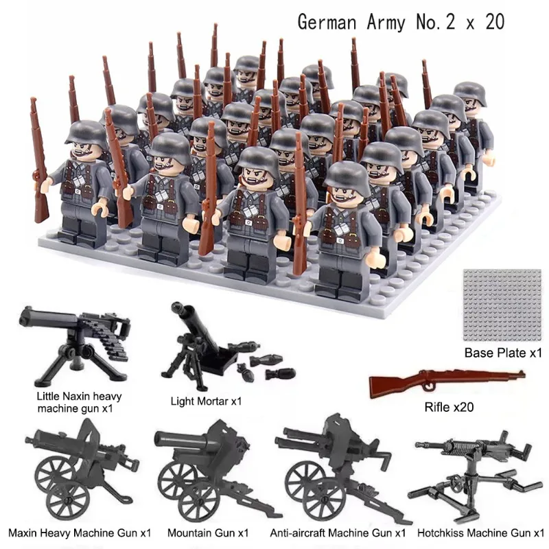 20개의 군사용 블록 조립 인형, 이탈리아군, 독일군, 제2차 세계대전 팔랑크스 슈트, 휴머노이드 인형, 장난감, 생일 선물