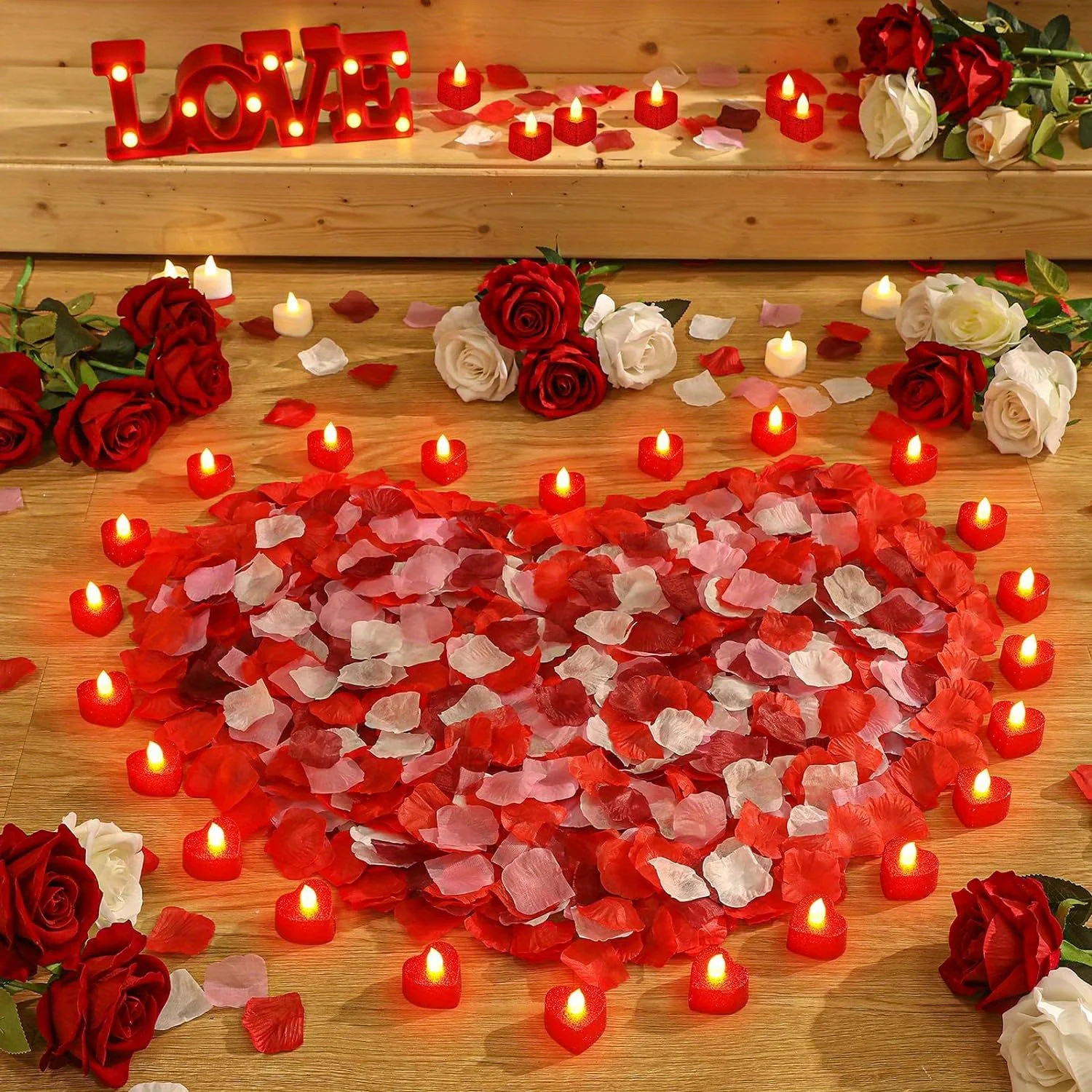 12 Pcs Flameless Romantic LED Candles with 1000 Pcs Artificial Rose Petals for Wedding Anniversary Decor