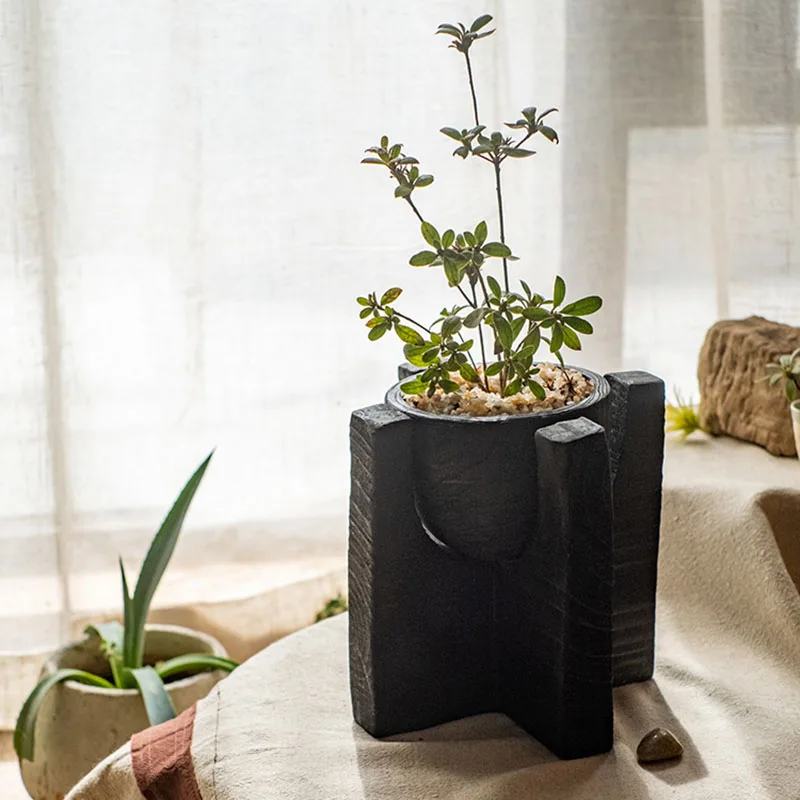 

Modern Big Size Wooden Vase Unique Ceramic Design Black Flower Pots Chinese Acrylic Habitacion Home Plantas Home Desk Decor