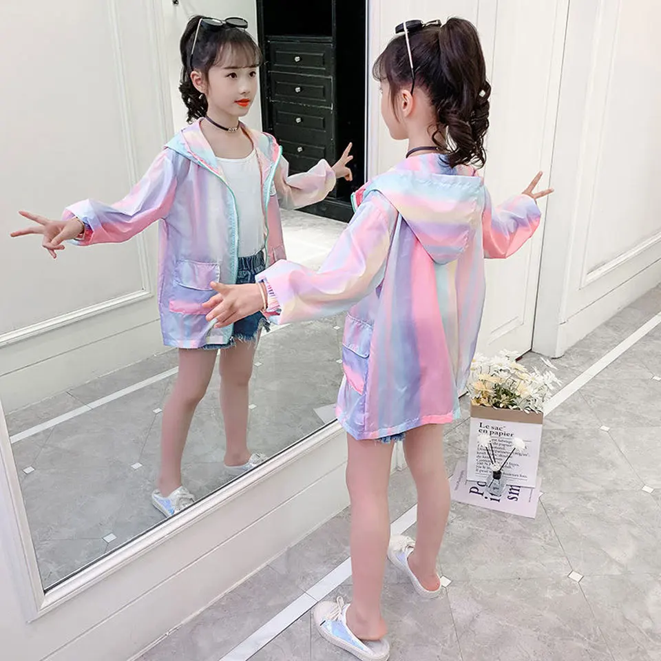 

Size For 3-14Year Summer Jackets For Girls Thin Hooded Coat Colorful Sunproof Clothing Fashion Cool Mid-length Baby Girl Outwear