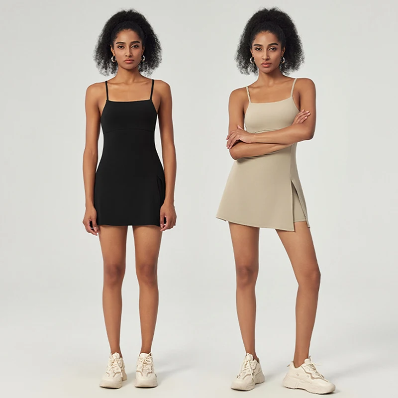 Tennis Dress with Shorts Women Badminton Clothing Golf Wear Dress with Chest Pad Split Slim Workout Outfit Sport Skirts