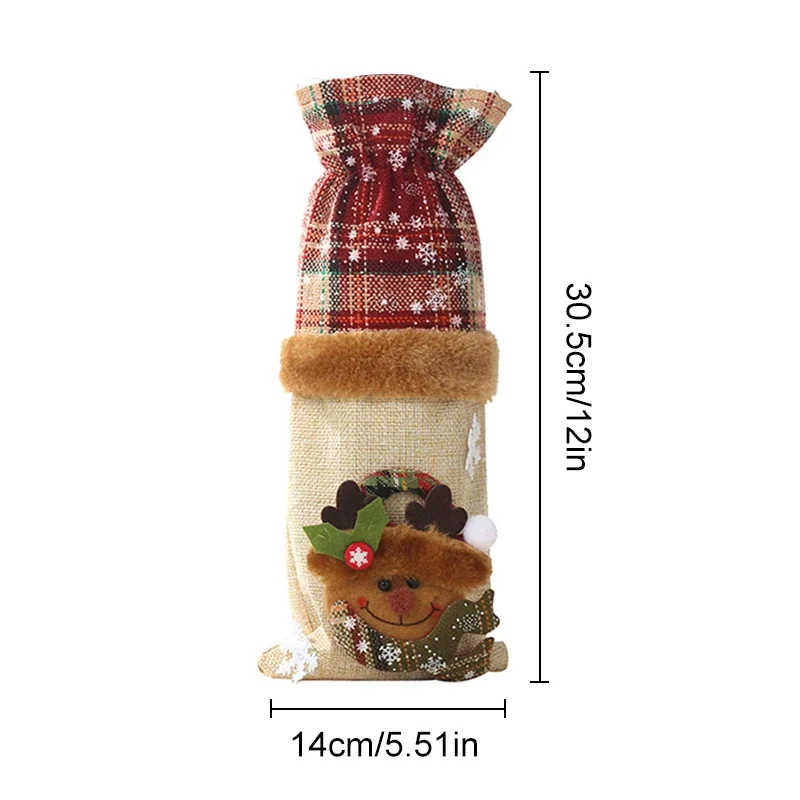 New Christmas Decoration Linen Snow Cartoon Drawstring Wine Bottle Cover Checkered Doll Wine Bottle Bag