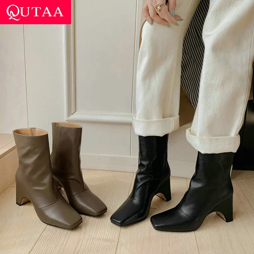 

QUTAA 2024 Square Toe Women Ankle Boots Autumn Winter Slip On Genuine Leather Office Lady Working Shoes Woman New Size 34-39