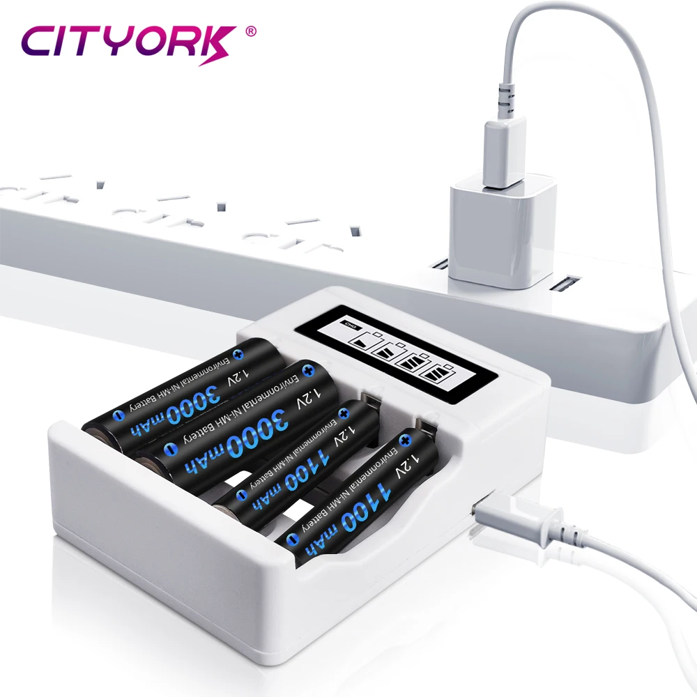 Comprar CITYORK-batería recargable AA de 1,2 V, pilas recargables AAA de  1,2 V y cargador de batería USB LCD para batería NI-MH de 1,2 V AA AAA nimh