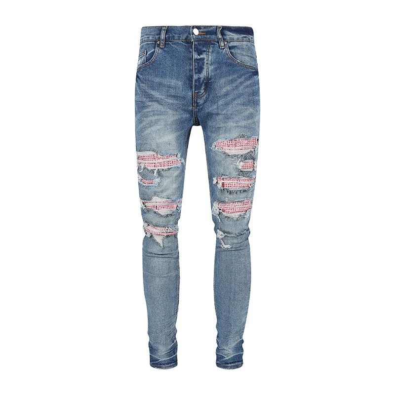 

Street Fashion Men Jeans Retro Blue Stretch Skinny Ripped Jeans Button Fly Pink Beading Patched Designer Hip Hop Brand Pants Men