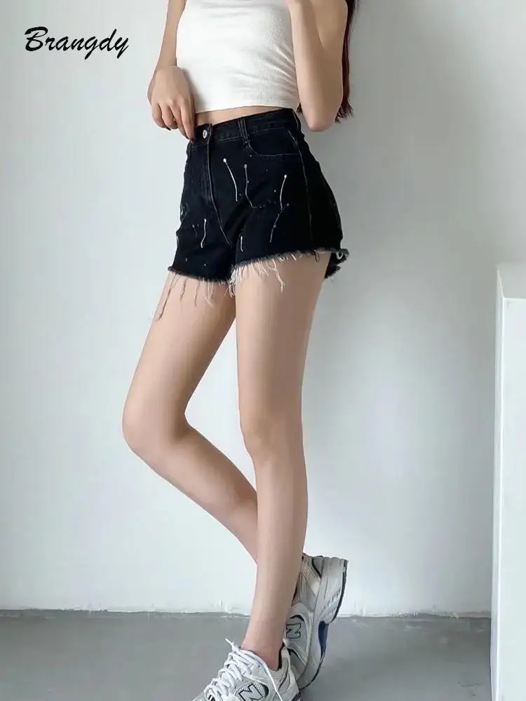 

Traf Denim Shorts Women 2022 Hand Painted Tassel Denim Short Pants For Women High Waist Casual Shorts Female Bodycon Shorts