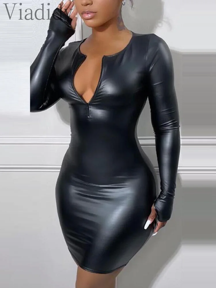 

Women Sexy Solid Color Long Sleeve Round Neck Zip Front PU Bodycon Dress