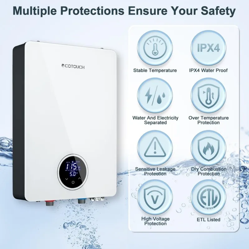 Electric Tankless Water Heater, ECOTOUCH 27kW on Demand Hot Water Heater Electric 240V Instant Tankless Hot Heater