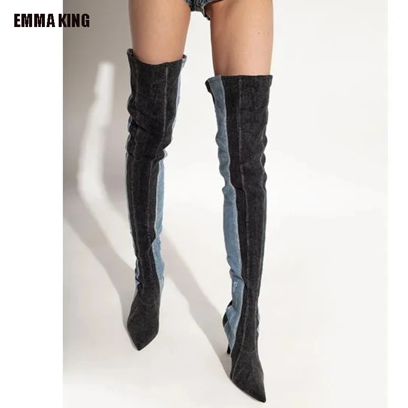 

Pointy Denim Thigh High Boots Women 2023 Blue Black Patchwork High Heels Pleated Shoes Spring Trends Outfit Ladies Boots 44