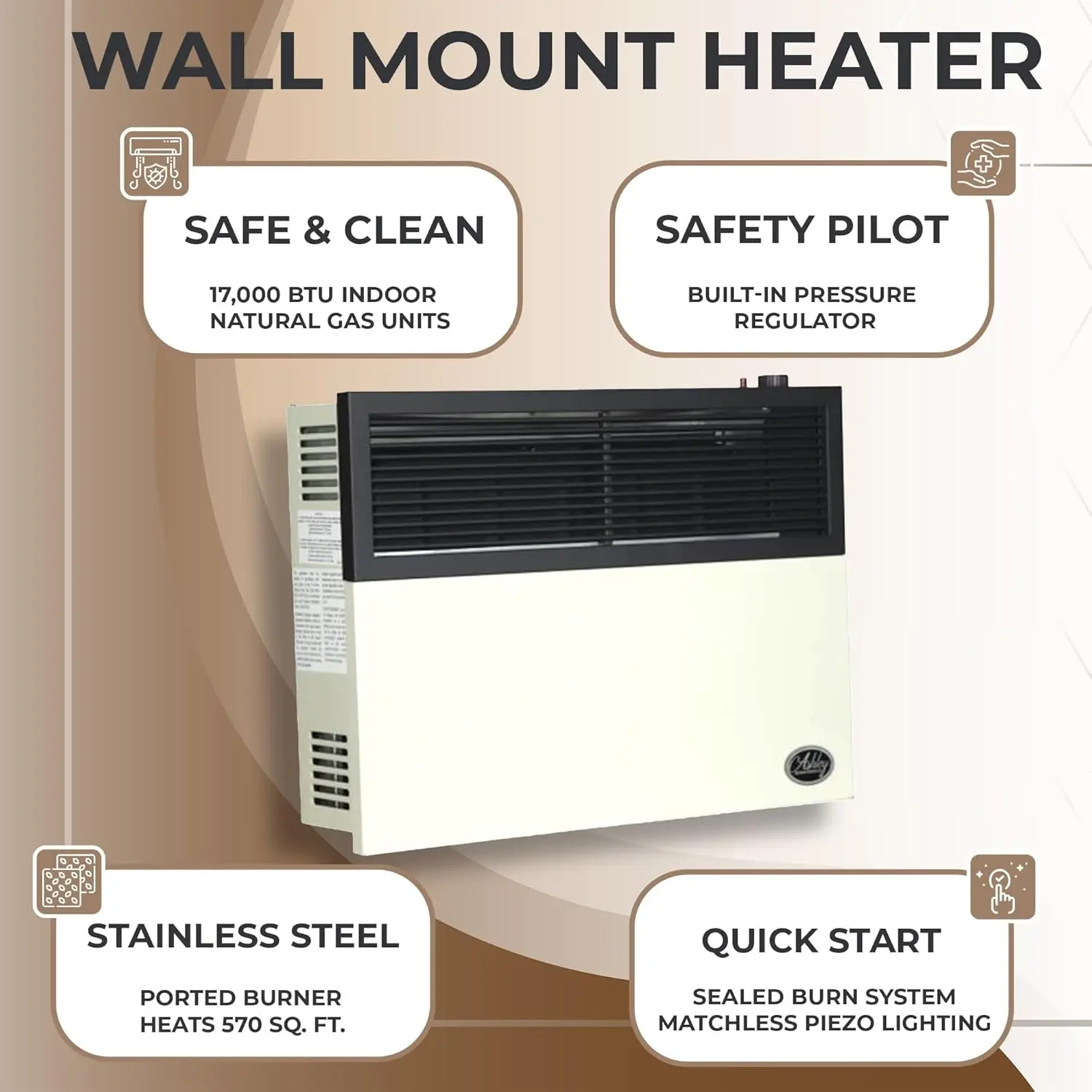 17000 BTU Direct Vent Liquid Propane Wall Mounted Heater with Piezo Lightning Safety Pilot and Built in Regulator Cream
