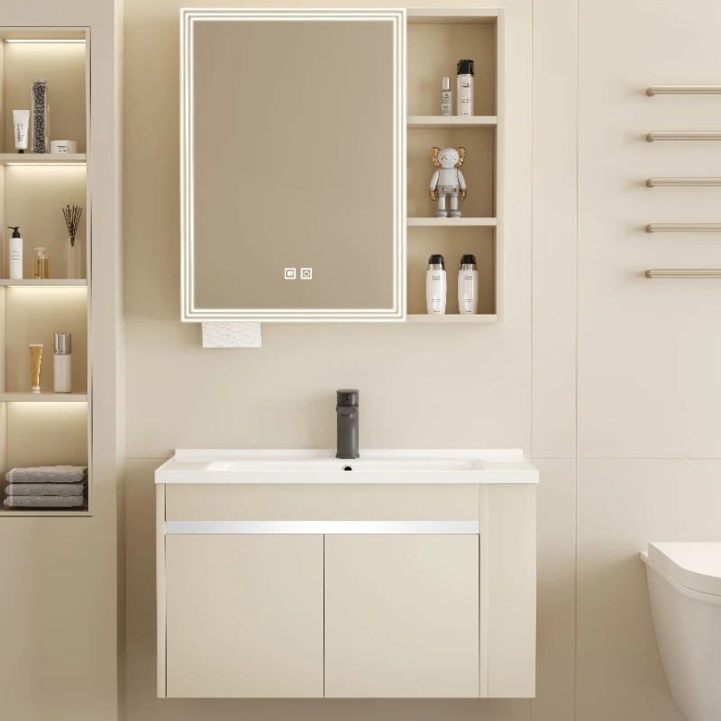 

Small unit cream style solid wood bathroom cabinet, washbasin, integrated ceramic basin, yellow with side cabinet combination