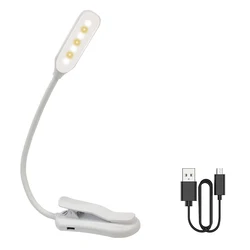 Rechargeable Adjustable LED Book Light with 3-Level Brightness and Flexible Clip (White)