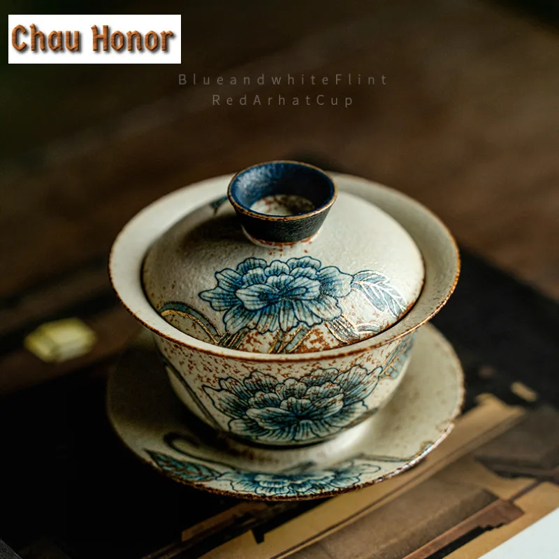 160ml Blue And White Flint Red Gaiwan Handmade Gold Drawing Peony Tea Tureen Tea Maker Cover Bowl Chinese Kung Fu Tea Set Craft