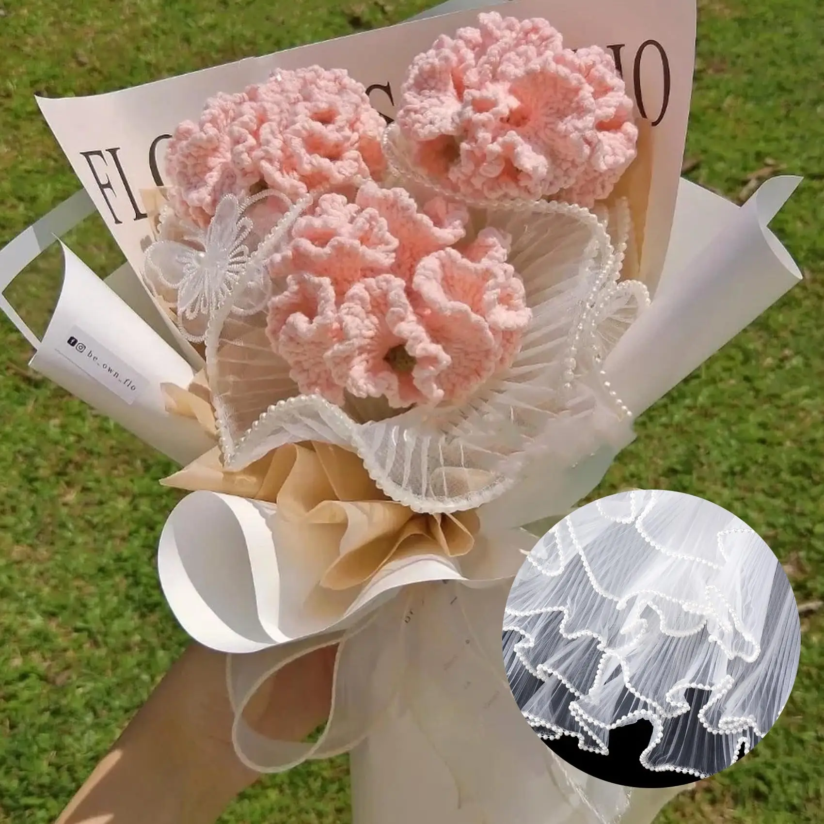 Flower Wrapping Mesh Paper, 15ft Floral Bouquet Craft Packaging Hollow Net Yarn With Ribbon