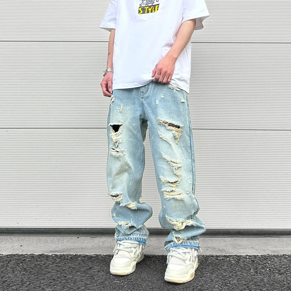 Washed Blue Oversized Jeans for Men Streetwear Hip Hop Large Destroyed Wide Leg Jeans Baggy Straight Ripped Denim Pants men jeans ripped jeans ripped patchwork jeans