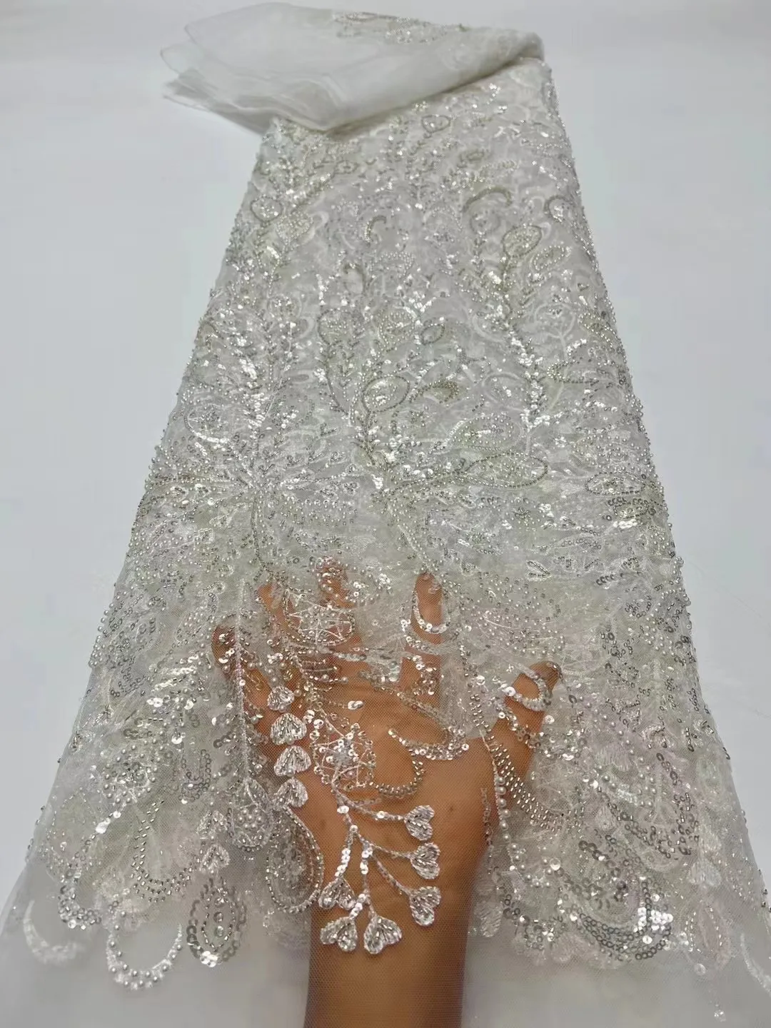 

African White Beaded Lace Fabric 5 Yards Wedding Fabrics for Women Dubai French Tulle Net Embroidery Fabric with Sequins Sewing