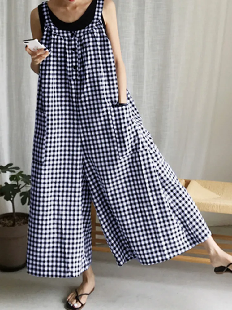 Celmia Harajuku Jumpsuits Women Vintage Plaid Rompers 2023 Fashion Wide Leg Pants Overalls Sleeveless Casual Loose Jumpsuits