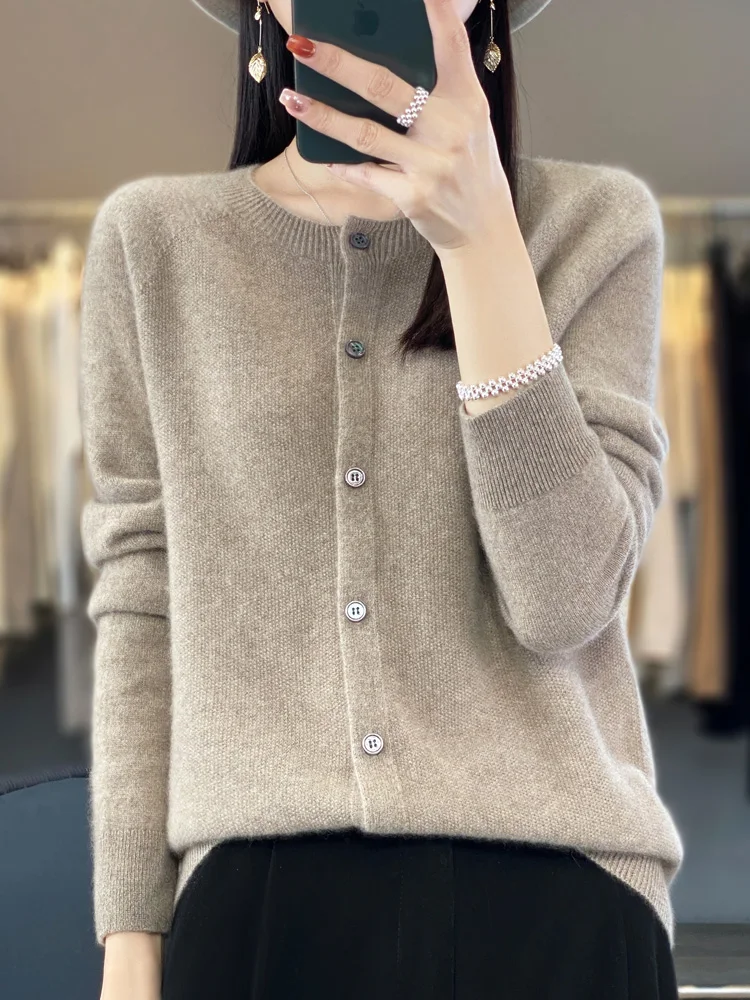 thumbnail image 1 of Cárdigan de manga larga 2024, nuevo suéter de moda para mujer, 100 % lana merino, camisetas, jerseys, prendas de punto con cuello redondo, ropa de primavera y otoño para mujer, 1 of 5