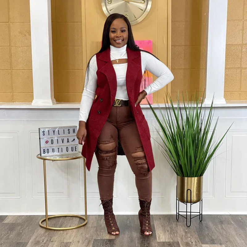 Women Solid Knitted Rib Sleeveless Vest Double Breasted Notched Neck Oversized Sweater Cardigan Vest Casual Outwear Trench