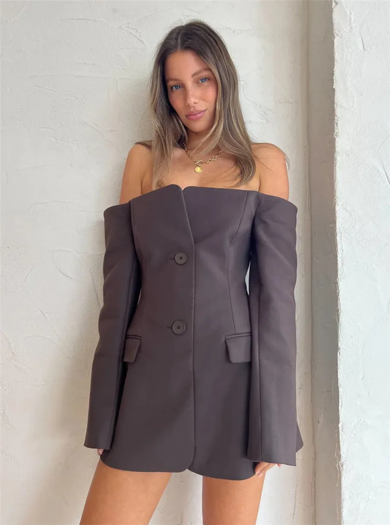 Off-shoulder Strapless Sexy Blazer Dress For Women Fashion Solid Zipper Two Pocket Long Sleeve Backless Mini Dress