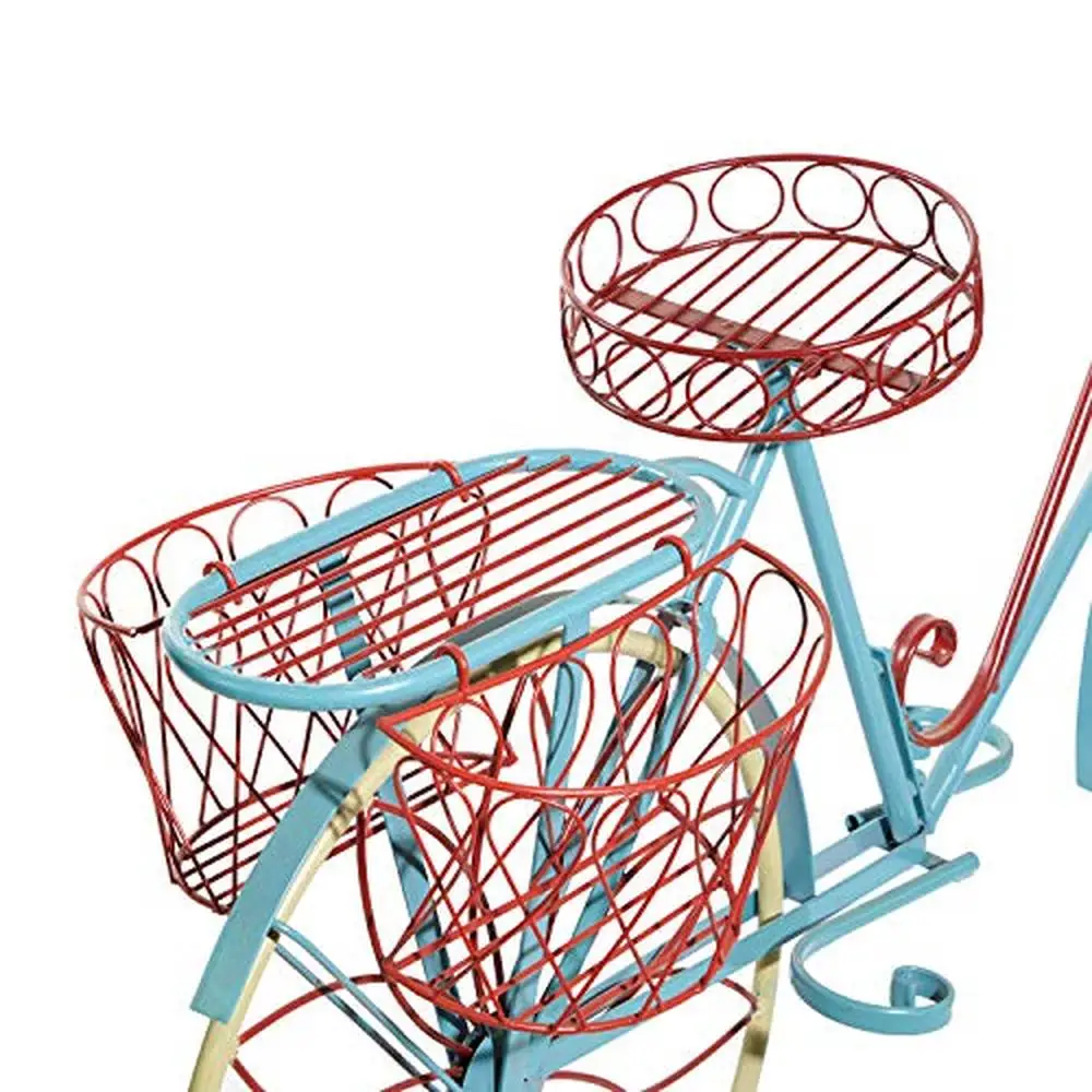 Vintage Metal Plant Stand with Wire Design and Basket Blue & Red Flower Pot Holder with Scrollwork Indoor Outdoor Plant Shelf